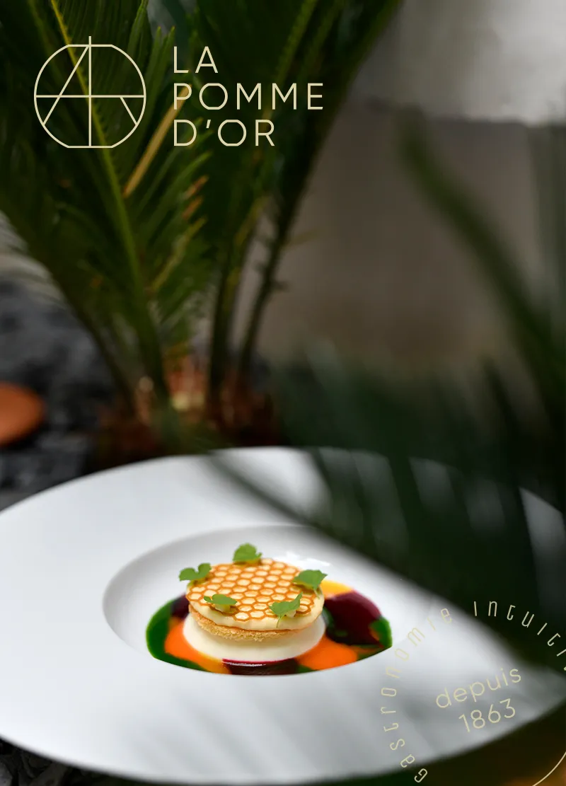 Le logo de La pomme d'or, restaurant étoilé à Sancerre, sur une assiette gastronomique